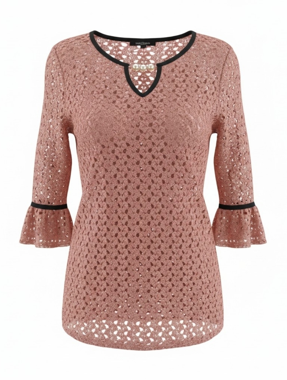 Olivia Blu Pink Lace Grandmacore Blouse with 3/4 Bell Sleeves and Tie Front S